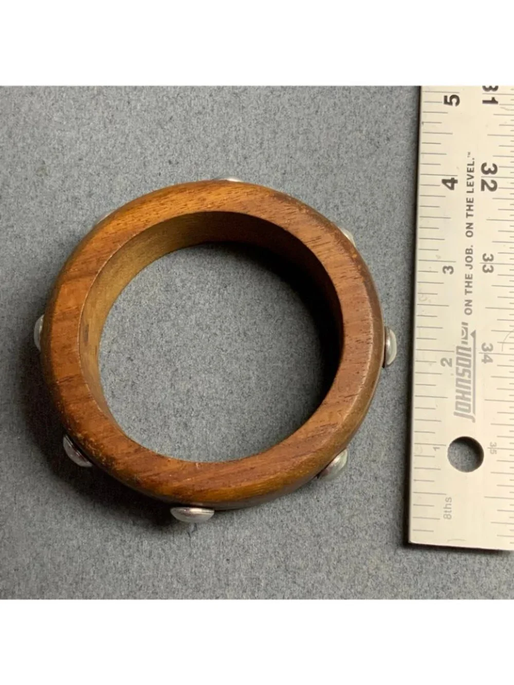 Chunky Wooden Bangle Bracelet 2.5 In As Is Retro Brown Silver Studs Rustic Punk